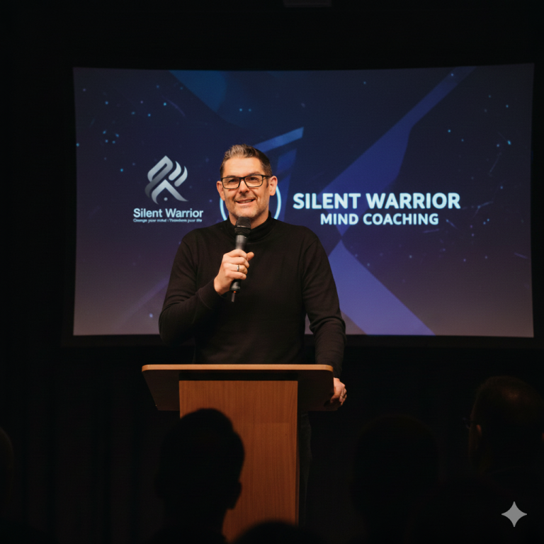 Image of Darren Diprose, founder of Silent Warrior presenting at an event with a backdrop displaying "Silent Warrior Mind Coaching."